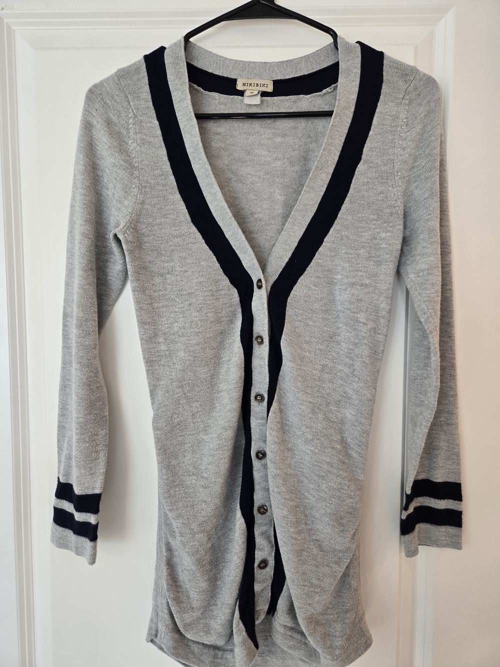 Nikibiki Light Gray Cardigan with Navy Trim